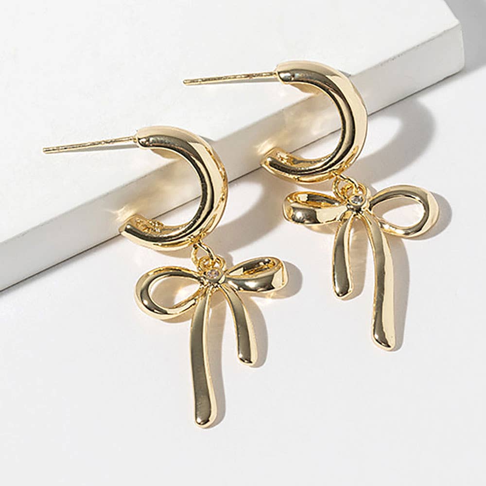 Gold Dipped Bow Drop Dangle Mini Hoop Earrings