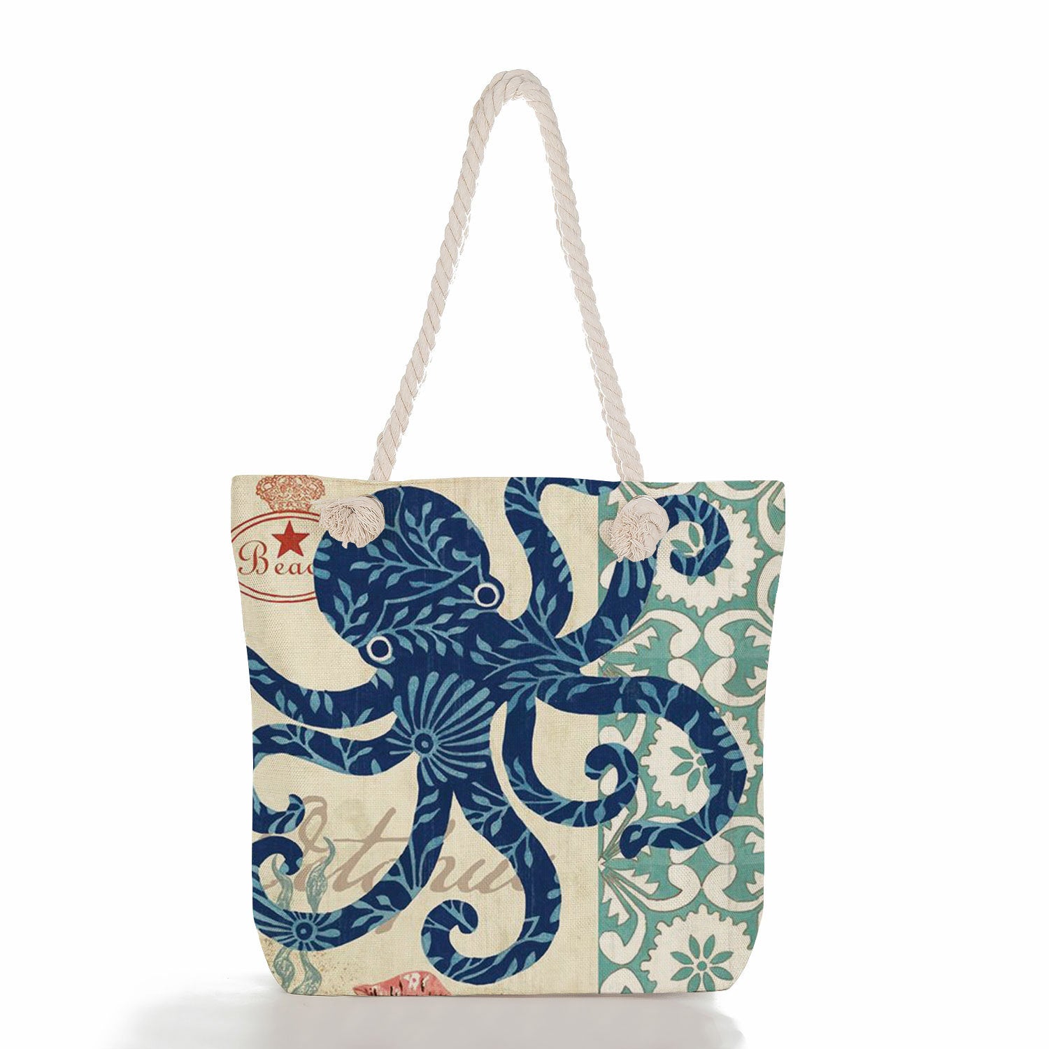Vintage Ocean Nautical Print Canvas Tote Bag With Thick Rope Handle. Large Capacity Beach Bag For Women Octopus, Sea Turtle, Jellyfish, Seahorse Pattern