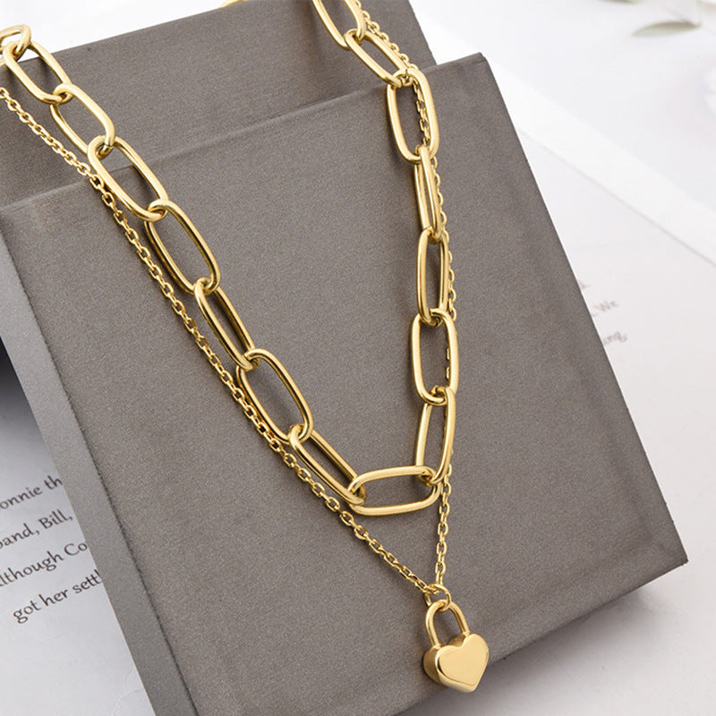 Two-Layer Gold Necklace with Paperclip Choker (14″) and Heart Lock Pendant (18″)