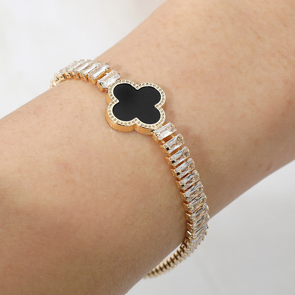Quatrefoil Charm Accent CZ Baguette Cluster Link Bracelet