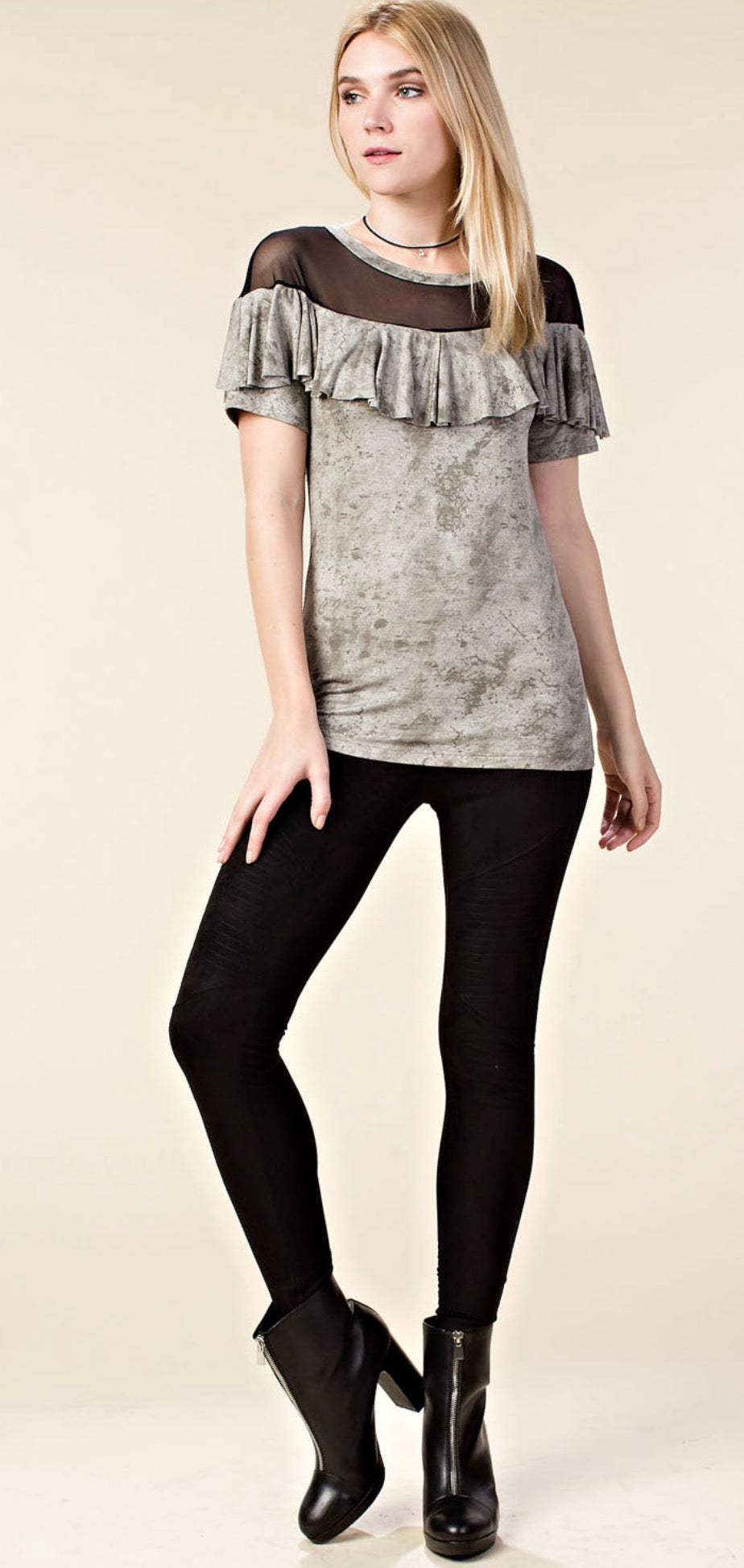 Ruffled Short Sleeve and Mesh Sheer Top