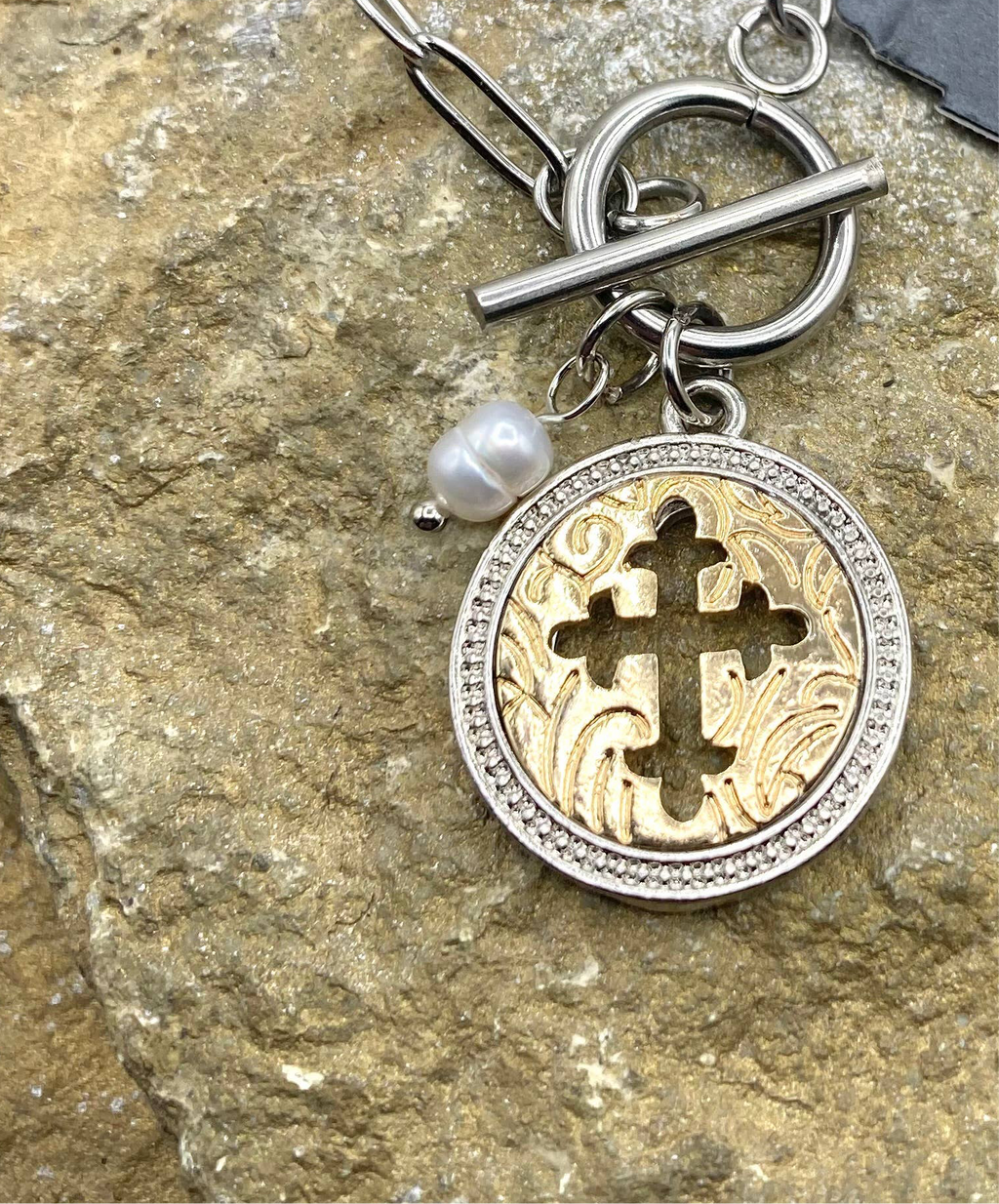 Cross Coin Charm Toggle Necklace