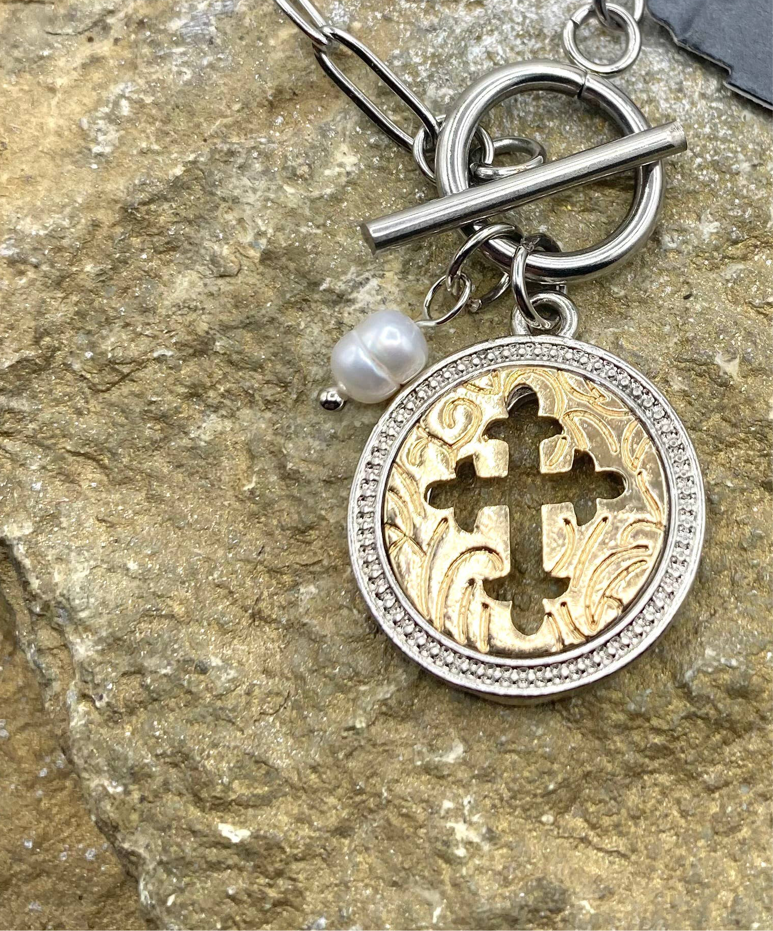 Cross Coin Charm Toggle Necklace