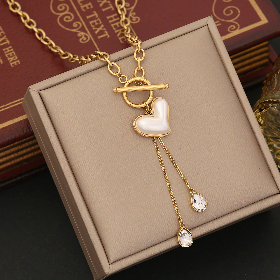 Golden Heart Drop Necklace – 18K Gold Plated Crystal Dangle Statement Piece