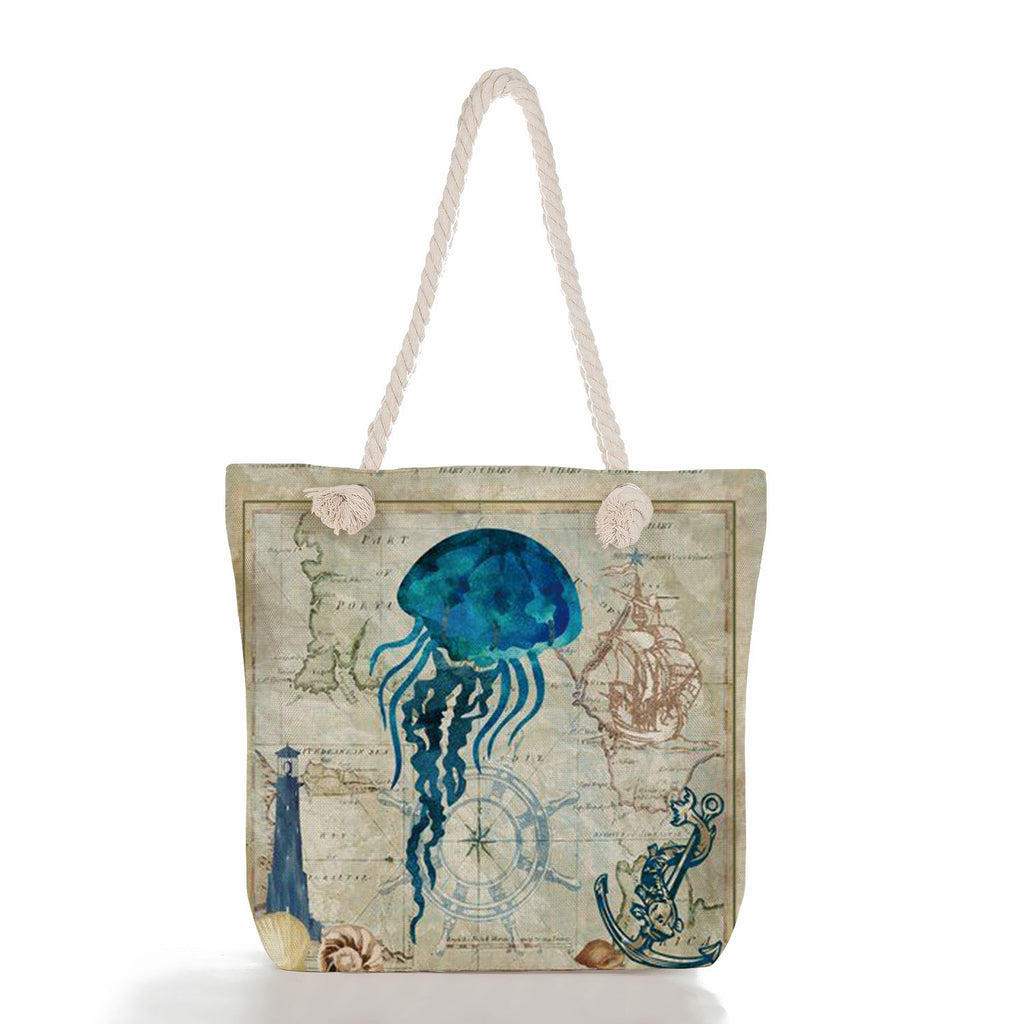 Vintage Ocean Nautical Print Canvas Tote Bag With Thick Rope Handle. Large Capacity Beach Bag For Women Octopus, Sea Turtle, Jellyfish, Seahorse Pattern