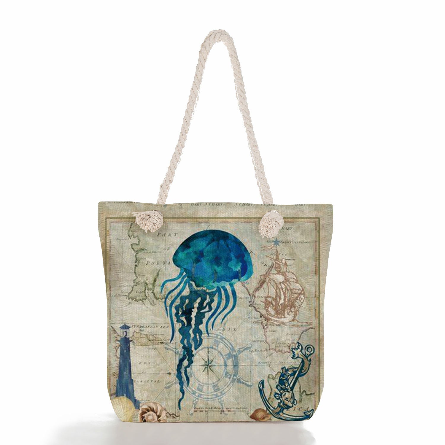 Vintage Ocean Nautical Print Canvas Tote Bag With Thick Rope Handle. Large Capacity Beach Bag For Women Octopus, Sea Turtle, Jellyfish, Seahorse Pattern