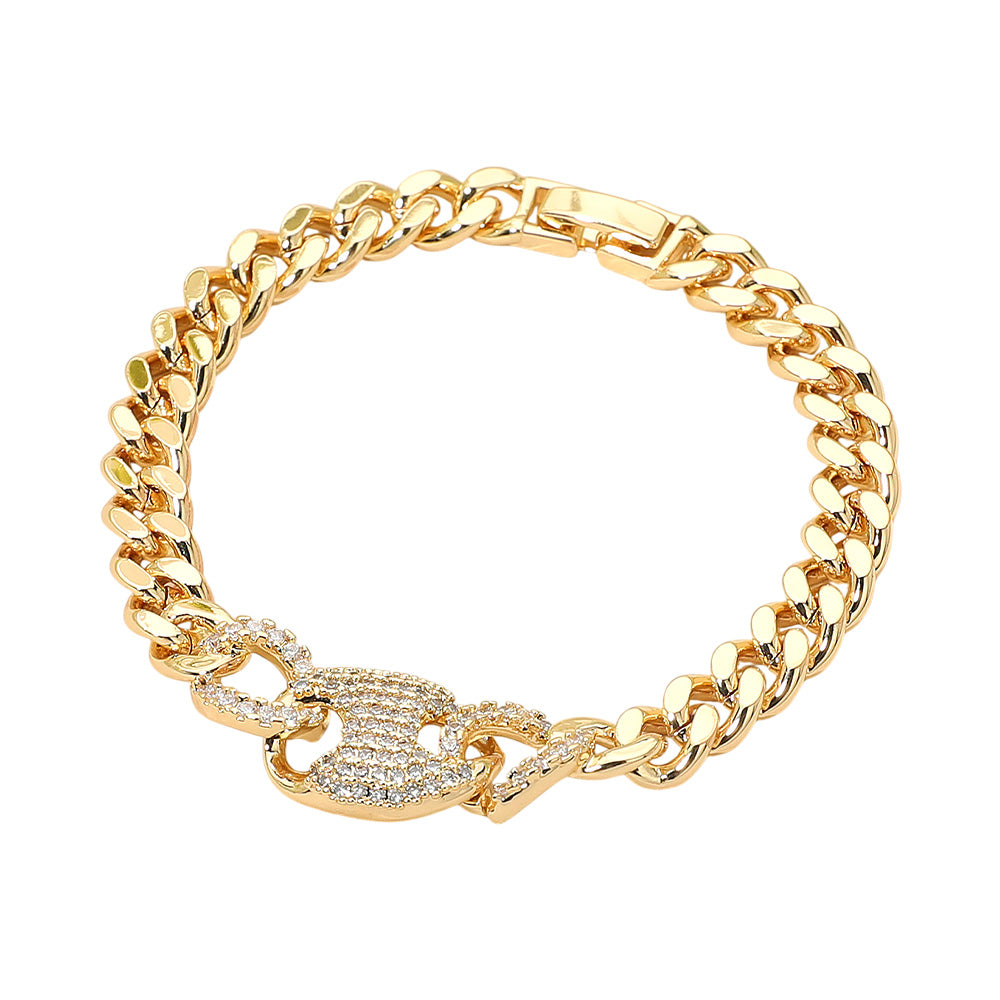 CZ Stone Paved Mariner Link Charm Accent Cuban Link Chain Bracelet