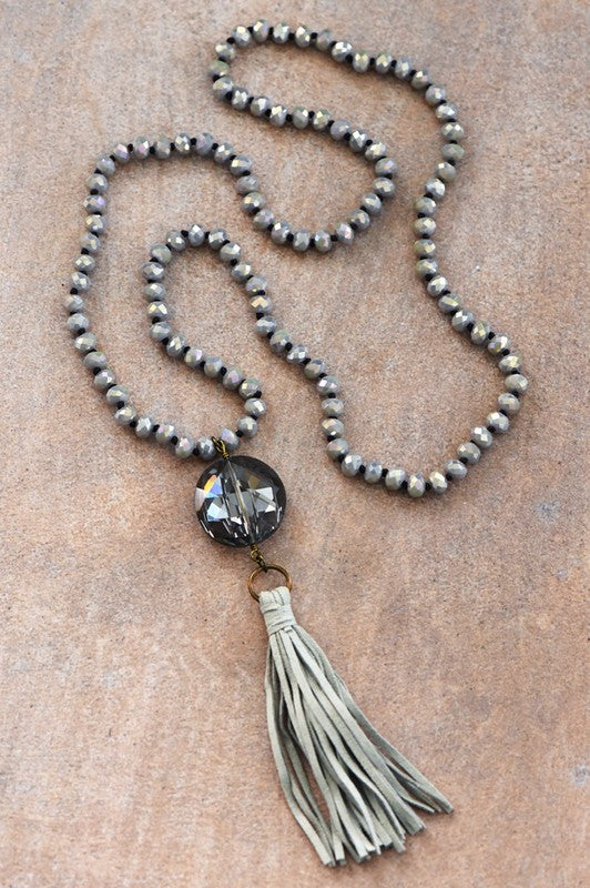 Crystal Tassel Statement Necklace – Champagne or Gray Boho Luxe Long Necklace