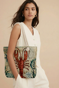 Vintage Ocean Nautical Print Canvas Tote Bag With Thick Rope Handle. Large Capacity Beach Bag For Women Octopus, Sea Turtle, Jellyfish, Seahorse Pattern