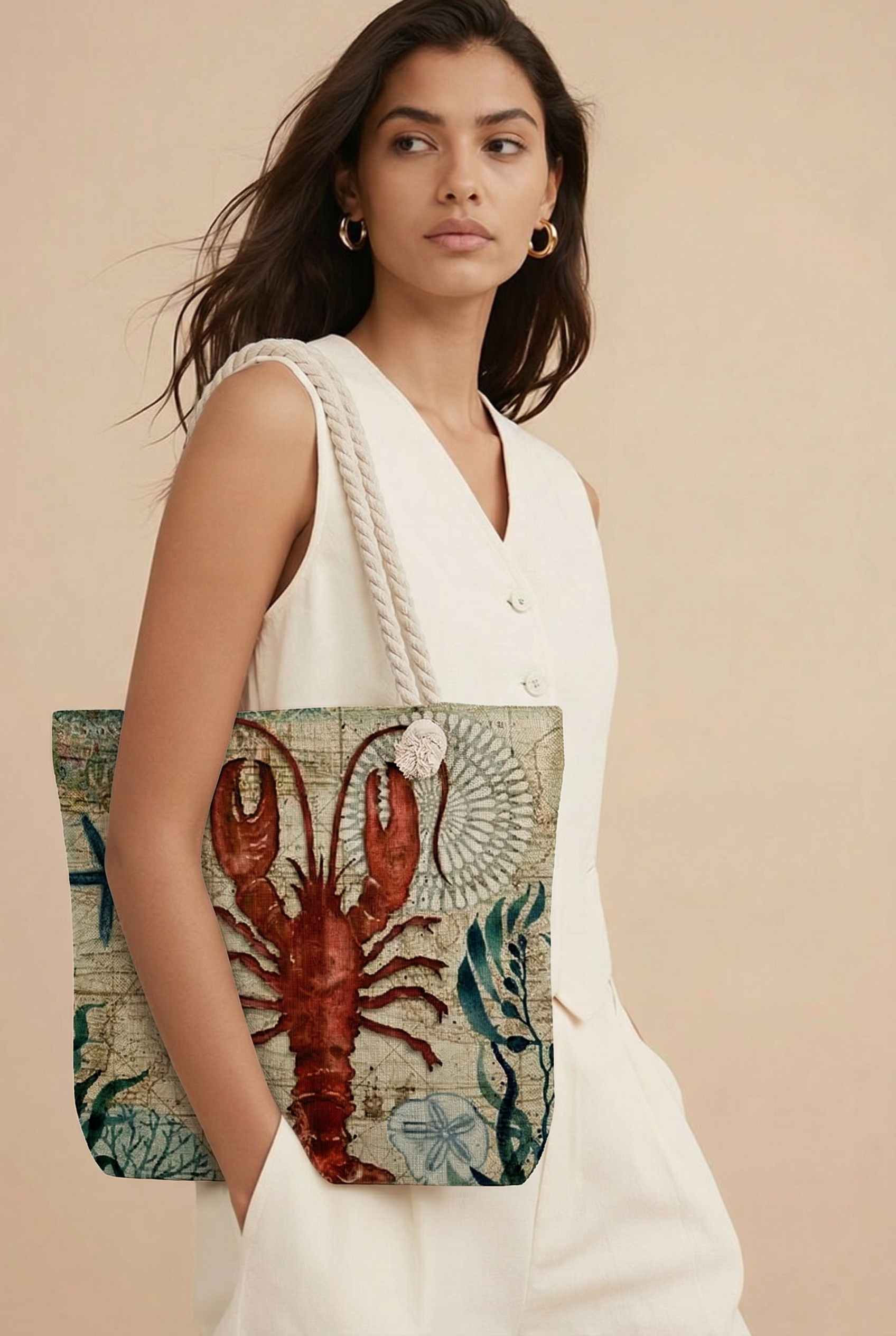 Vintage Ocean Nautical Print Canvas Tote Bag With Thick Rope Handle. Large Capacity Beach Bag For Women Octopus, Sea Turtle, Jellyfish, Seahorse Pattern