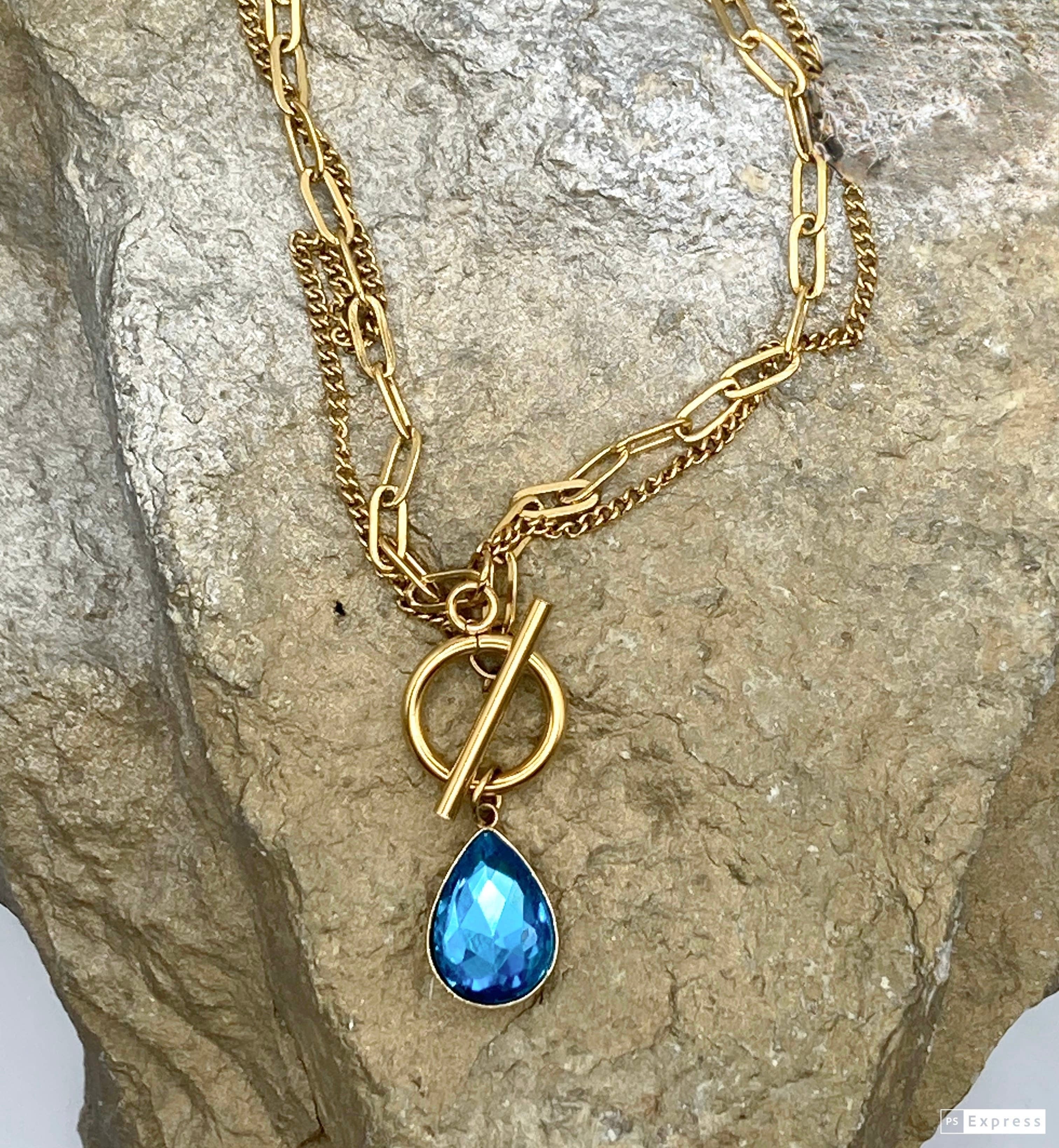 Gold Double Strand Toggle Necklace with Crystal Teardrop