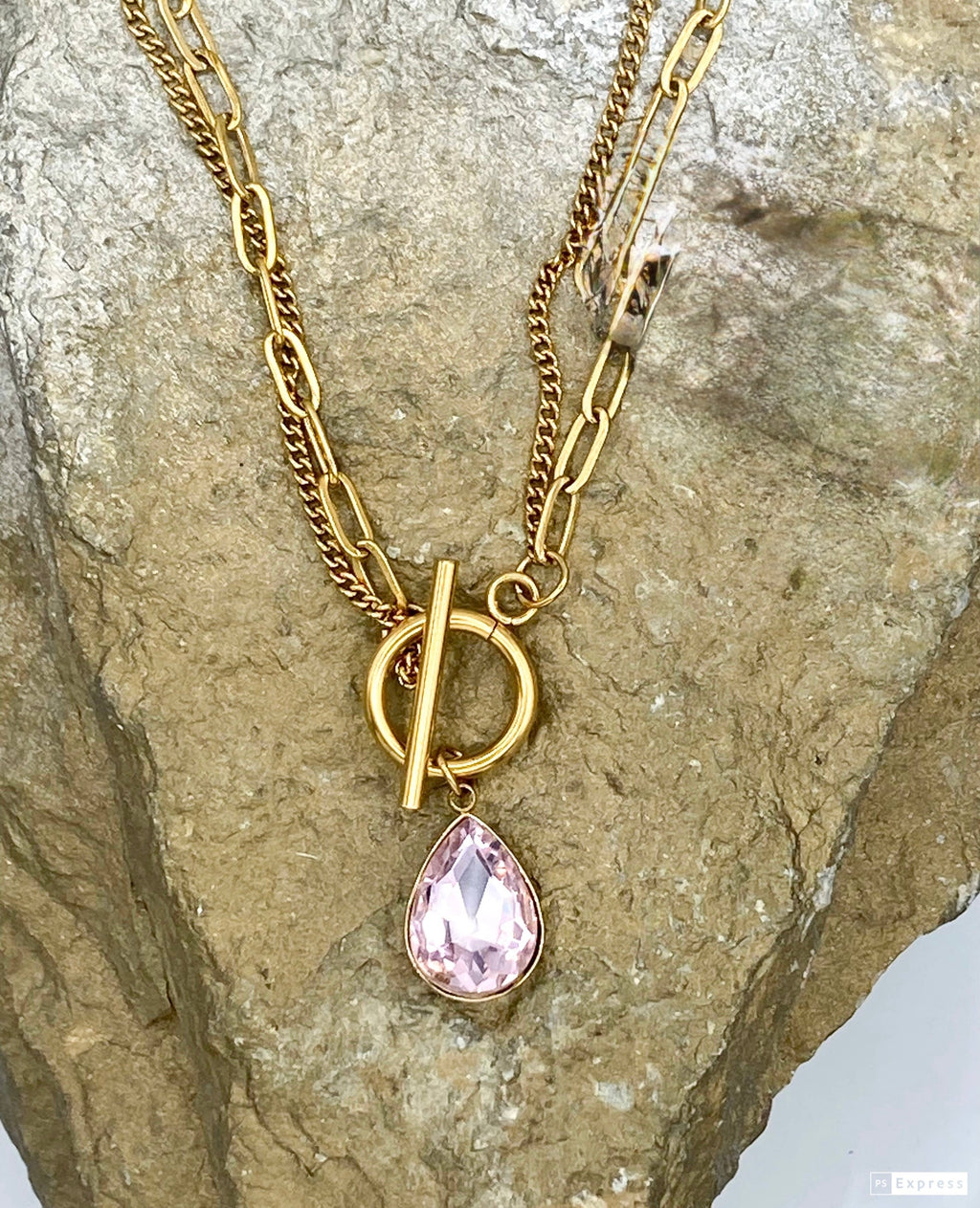 Gold Double Strand Toggle Necklace with Crystal Teardrop