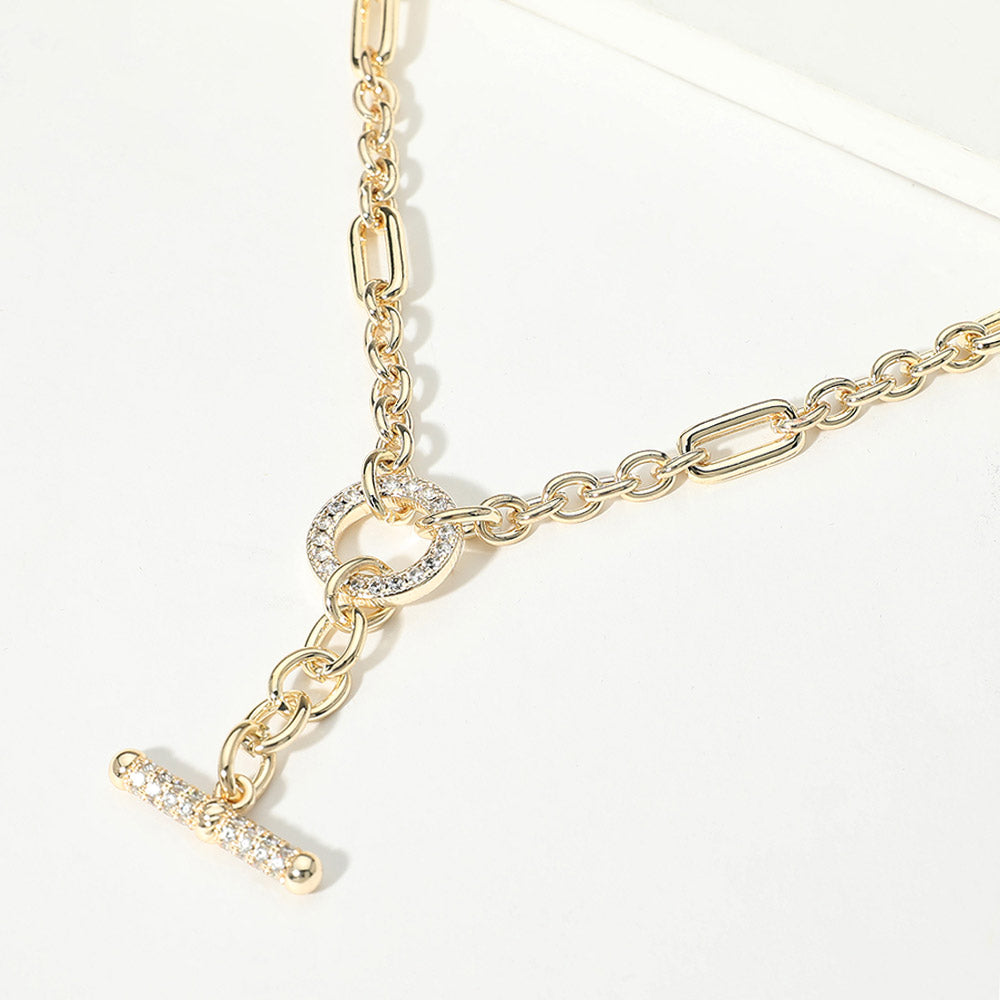 14K Gold Plated CZ Pave Toggle Accent Chunky Chain Necklace