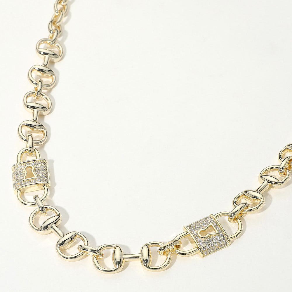 14K Gold Plated CZ Stone Paved Lock Accent Horsebit Chain Link Necklace