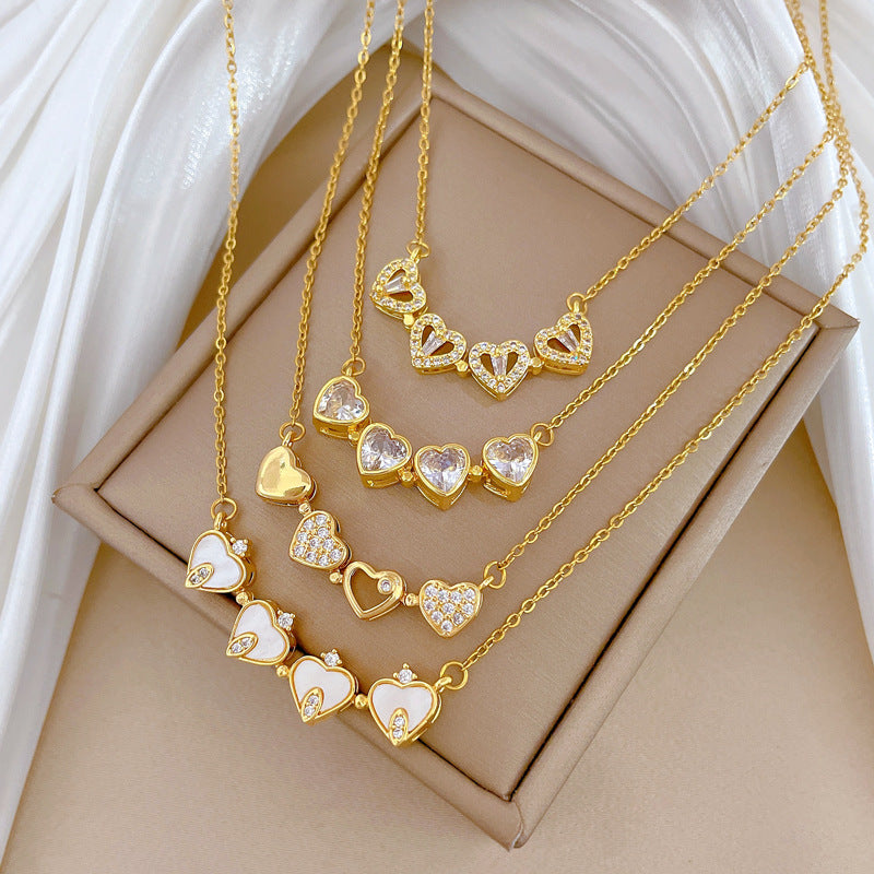Four Leaf Clover Heart Folding Pendant Necklace For Women Gold Plated Alloy Zirconia Rhinestone Shell