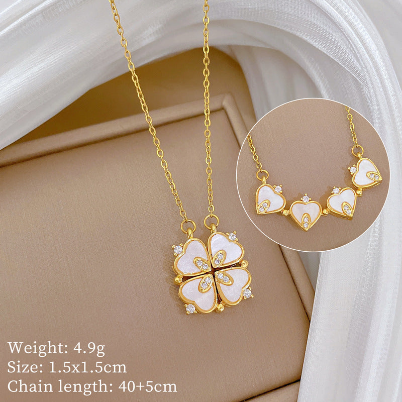 Four Leaf Clover Heart Folding Pendant Necklace For Women Gold Plated Alloy Zirconia Rhinestone Shell