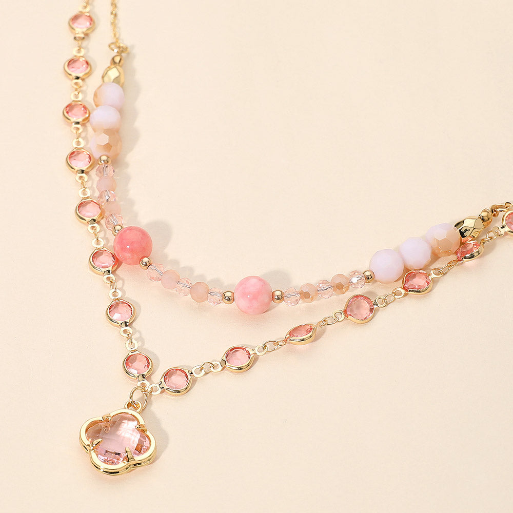 14″ Gold Layered Necklace – Beautiful Beads + Clover Pendant