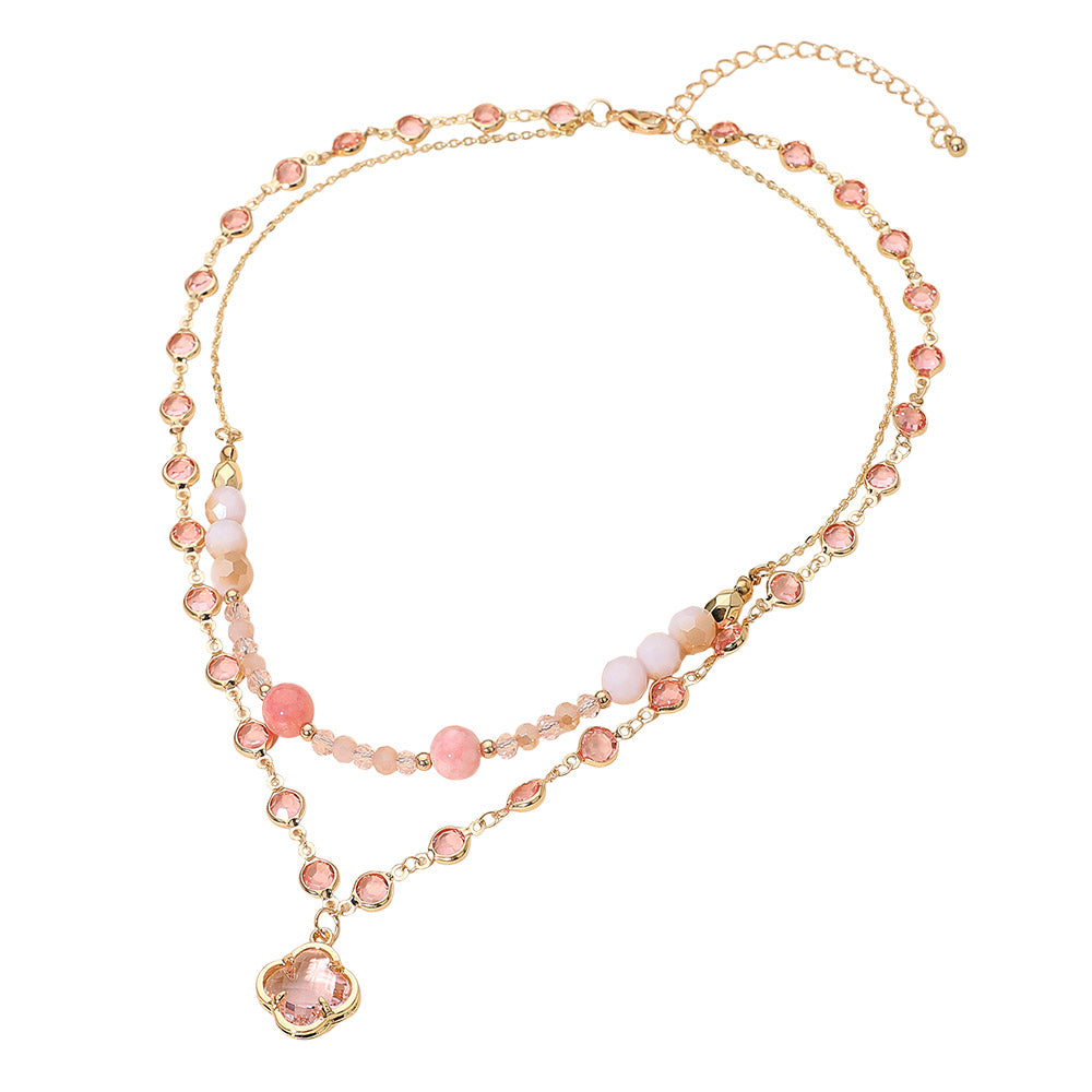 14″ Gold Layered Necklace – Beautiful Beads + Clover Pendant