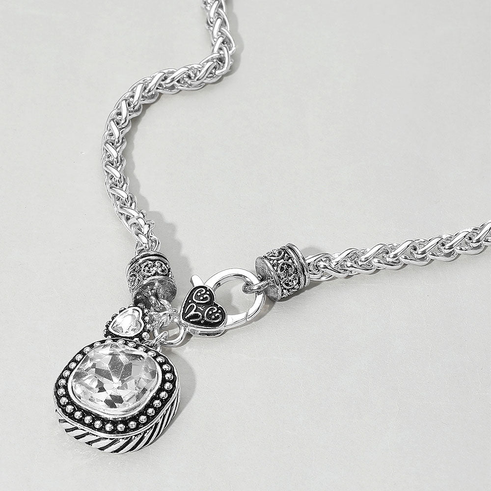 14″ Sparkle Charm Crystal Choker Necklace – Silver Braided Chain