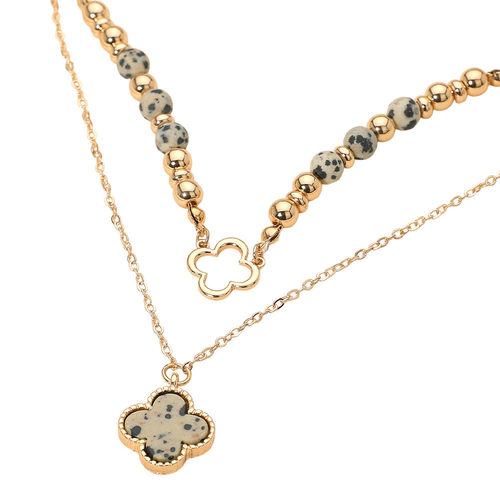 14″ Gold Layered Necklace – Beautiful Beads + Clover Pendant