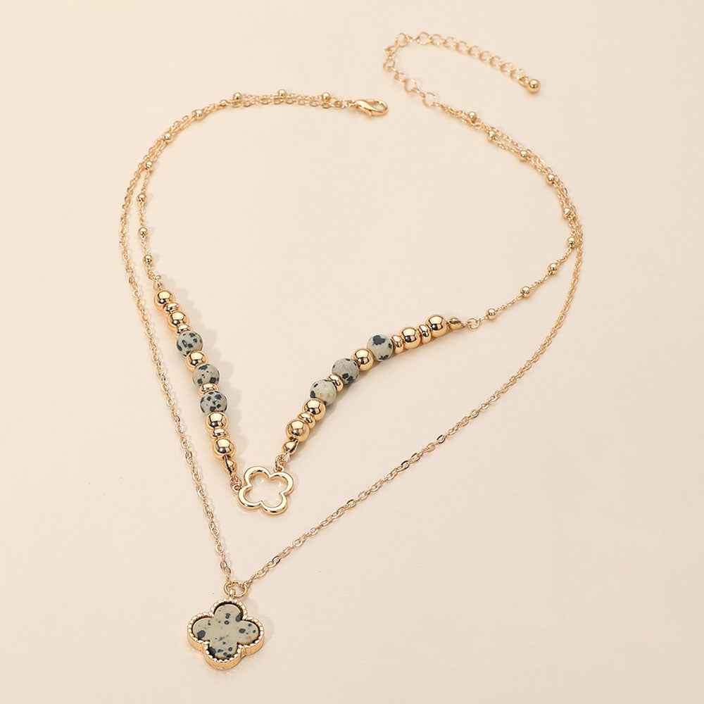 14″ Gold Layered Necklace – Beautiful Beads + Clover Pendant