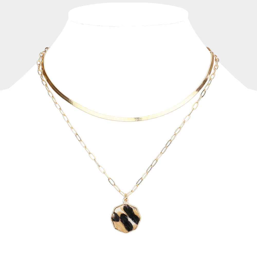 Layered Gold Necklace with Snake Chain & Leopard Octagon Pendant, Paperclip Chain Detail