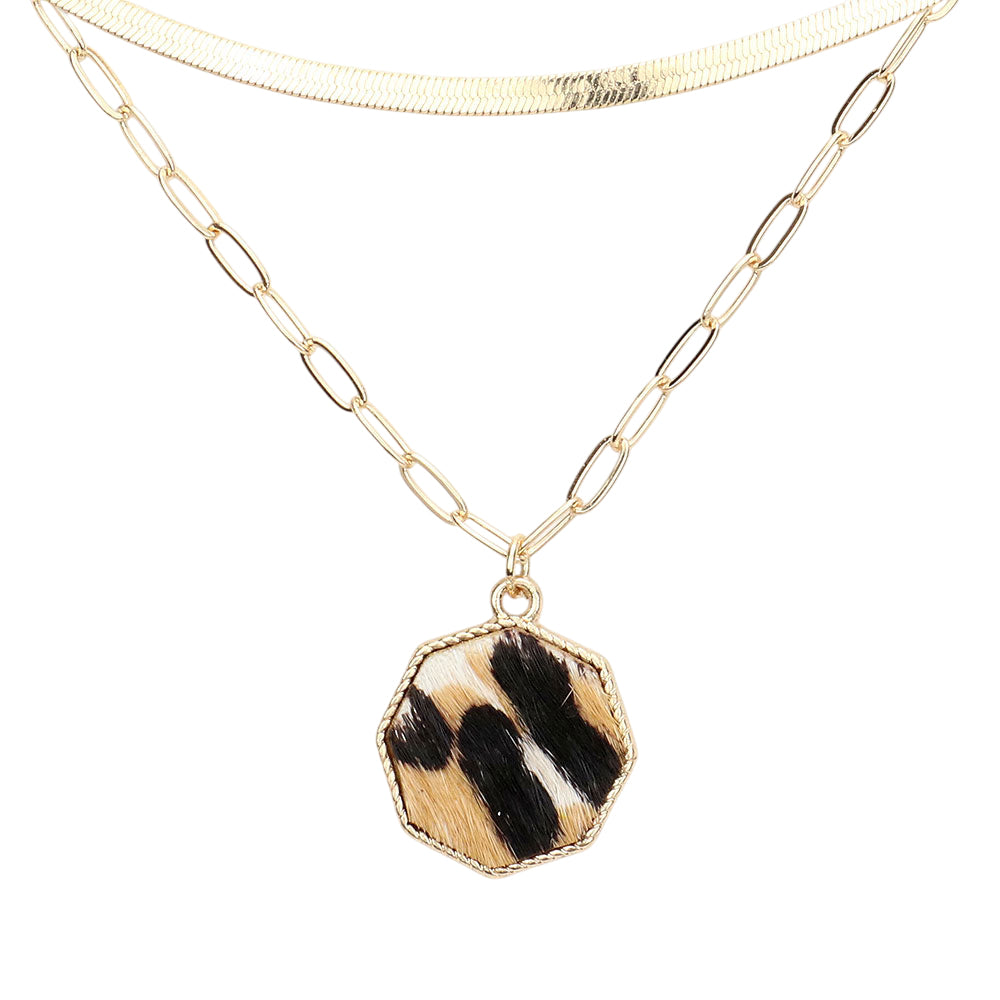 Layered Gold Necklace with Snake Chain & Leopard Octagon Pendant, Paperclip Chain Detail