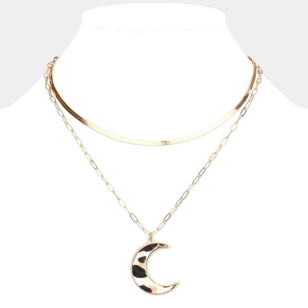 18″ Layered Gold Necklace with Paperclip Chain & Leopard Crescent Moon Pendant