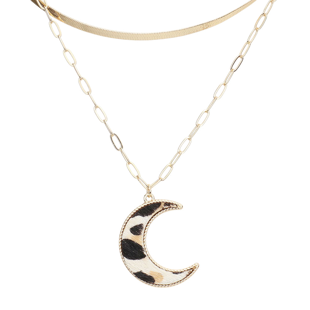 18″ Layered Gold Necklace with Paperclip Chain & Leopard Crescent Moon Pendant
