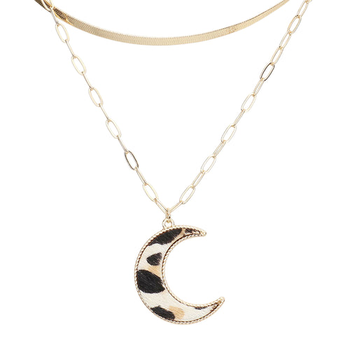 18″ Layered Gold Necklace with Paperclip Chain & Leopard Crescent Moon Pendant