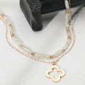 18″ Two-Layer Neutral Beaded Necklace with Gold Clover Pendant, Layered Design