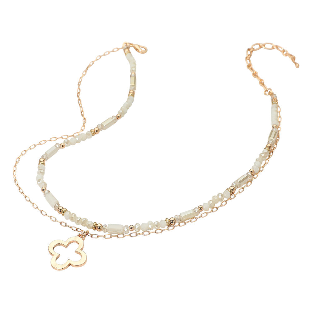 18″ Two-Layer Neutral Beaded Necklace with Gold Clover Pendant, Layered Design