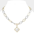 16″ Mixed Metal Link Choker Necklace with Mother of Pearl Clover Pendant + 2″ Extender
