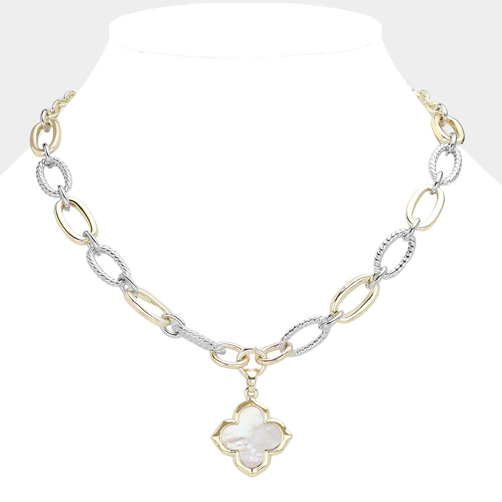 16″ Mixed Metal Link Choker Necklace with Mother of Pearl Clover Pendant + 2″ Extender