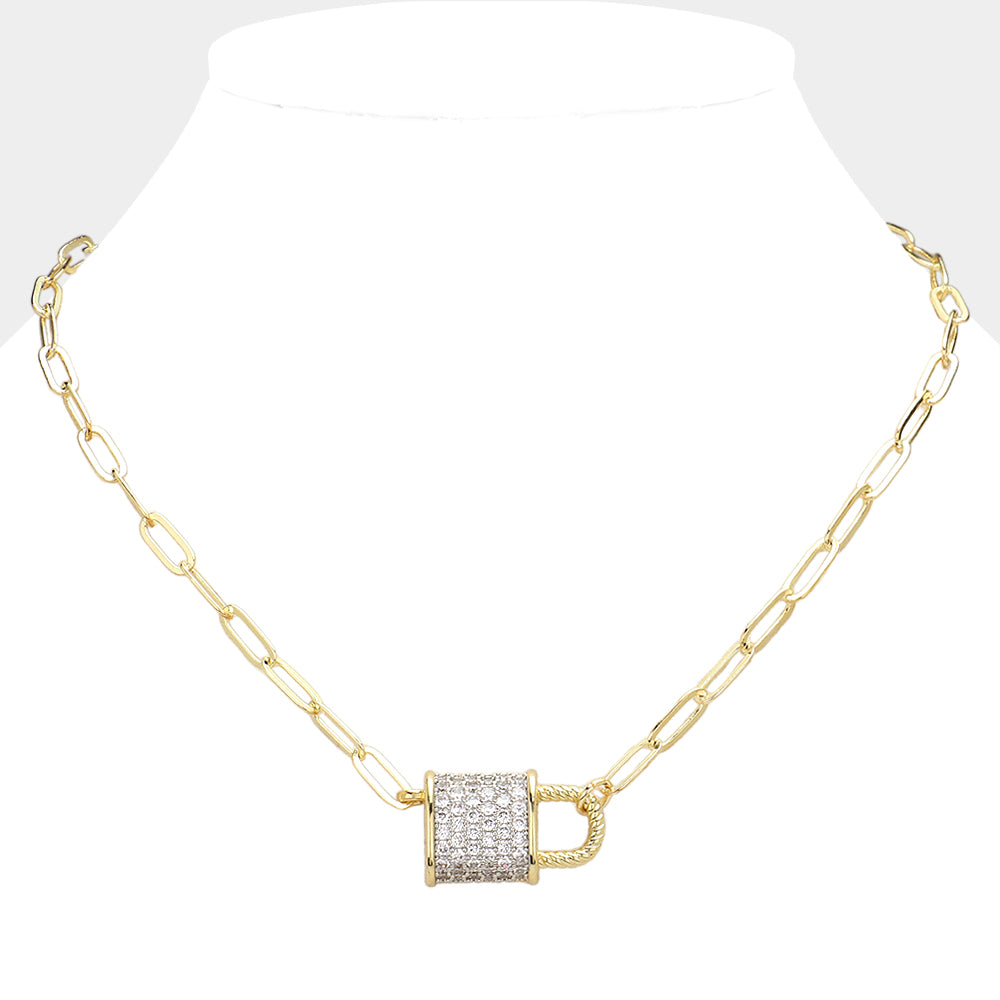 16″ silver paperclip necklace with rustic lock pendant