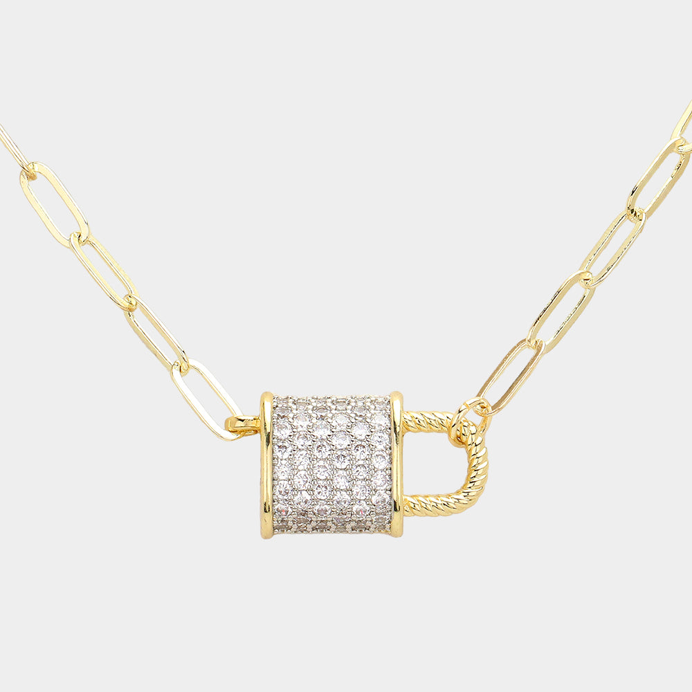 16″ silver paperclip necklace with rustic lock pendant