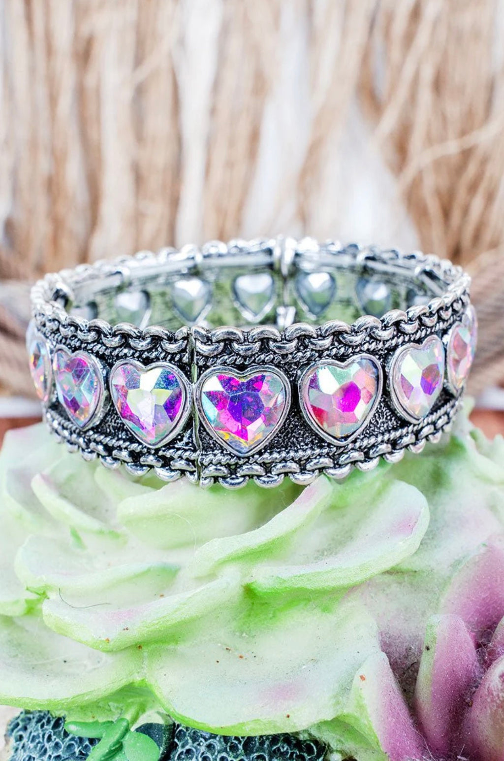 Silver Vintage Stretch Bracelet with Aurora Borealis Heart Crystals