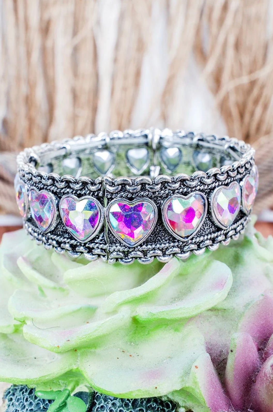 Silver Vintage Stretch Bracelet with Aurora Borealis Heart Crystals