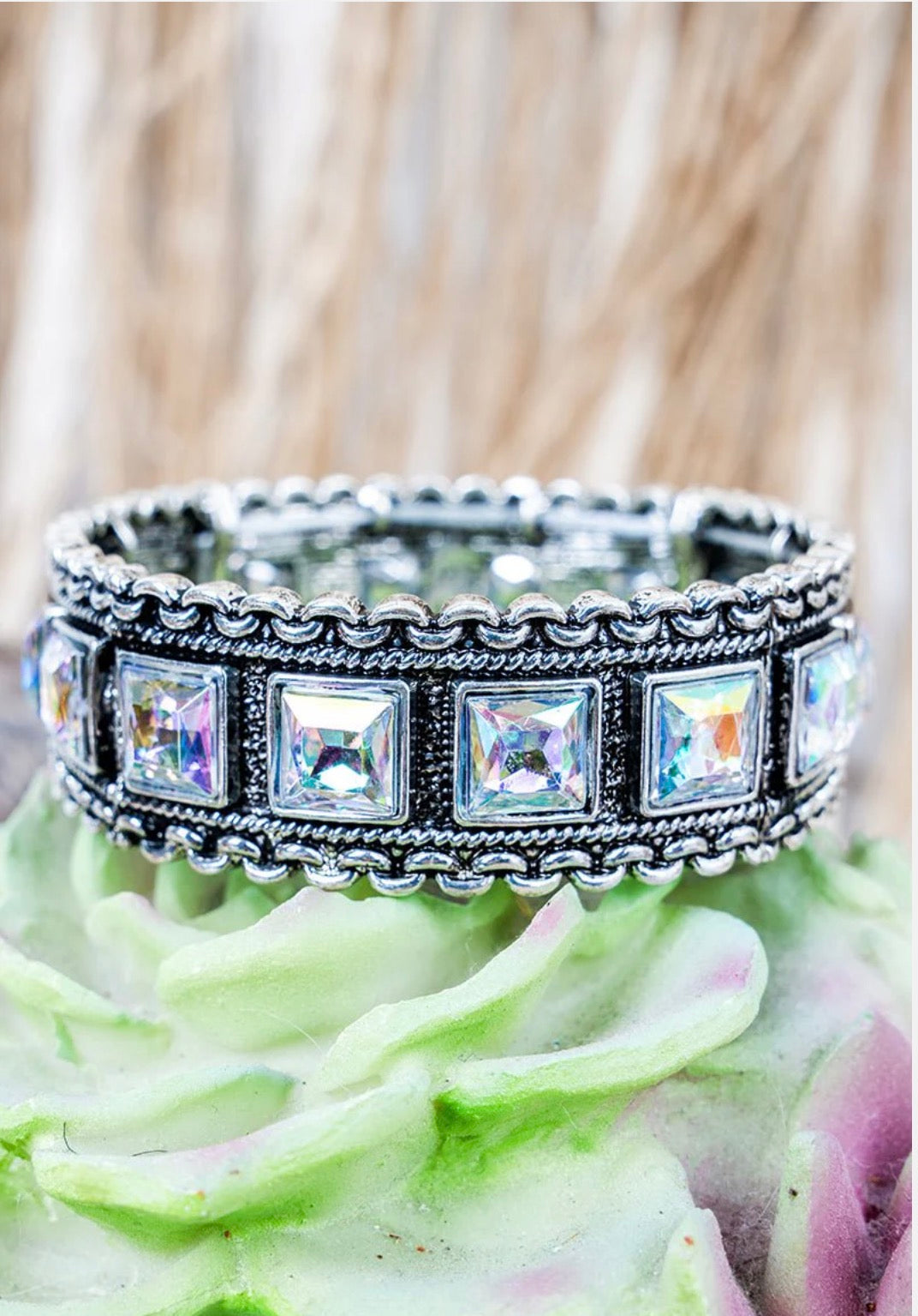 Silver Vintage Stretch Bracelet with Aurora Borealis Heart Crystals