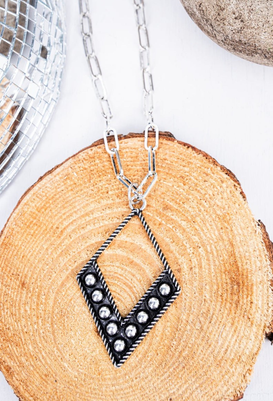 16″ Silver Paperclip Necklace with Studded Geometric Western Pendant