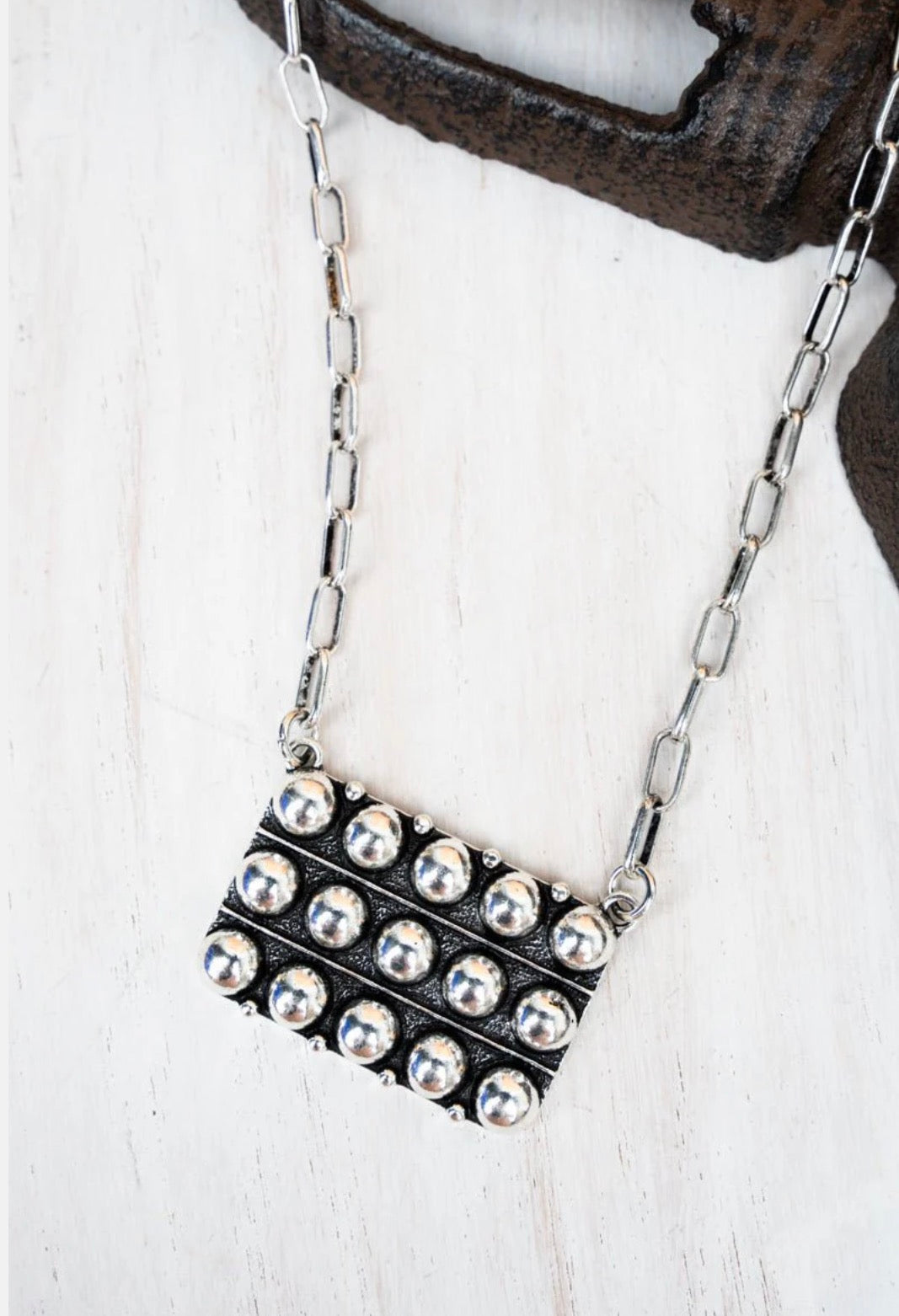 16″ Silver Paperclip Link Necklace with Rectangular Studded Pendant, Statement Style