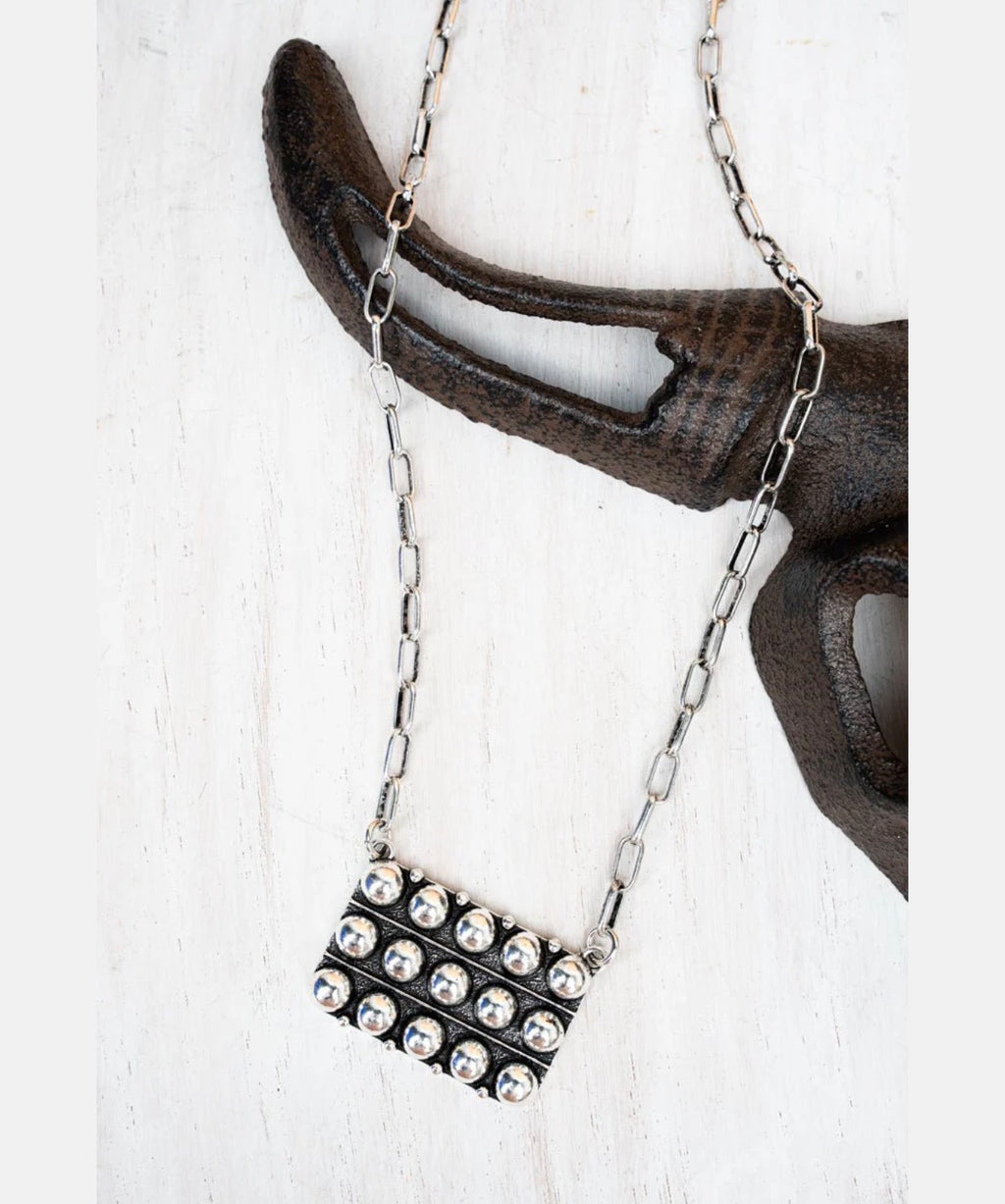 16″ Silver Paperclip Link Necklace with Rectangular Studded Pendant, Statement Style