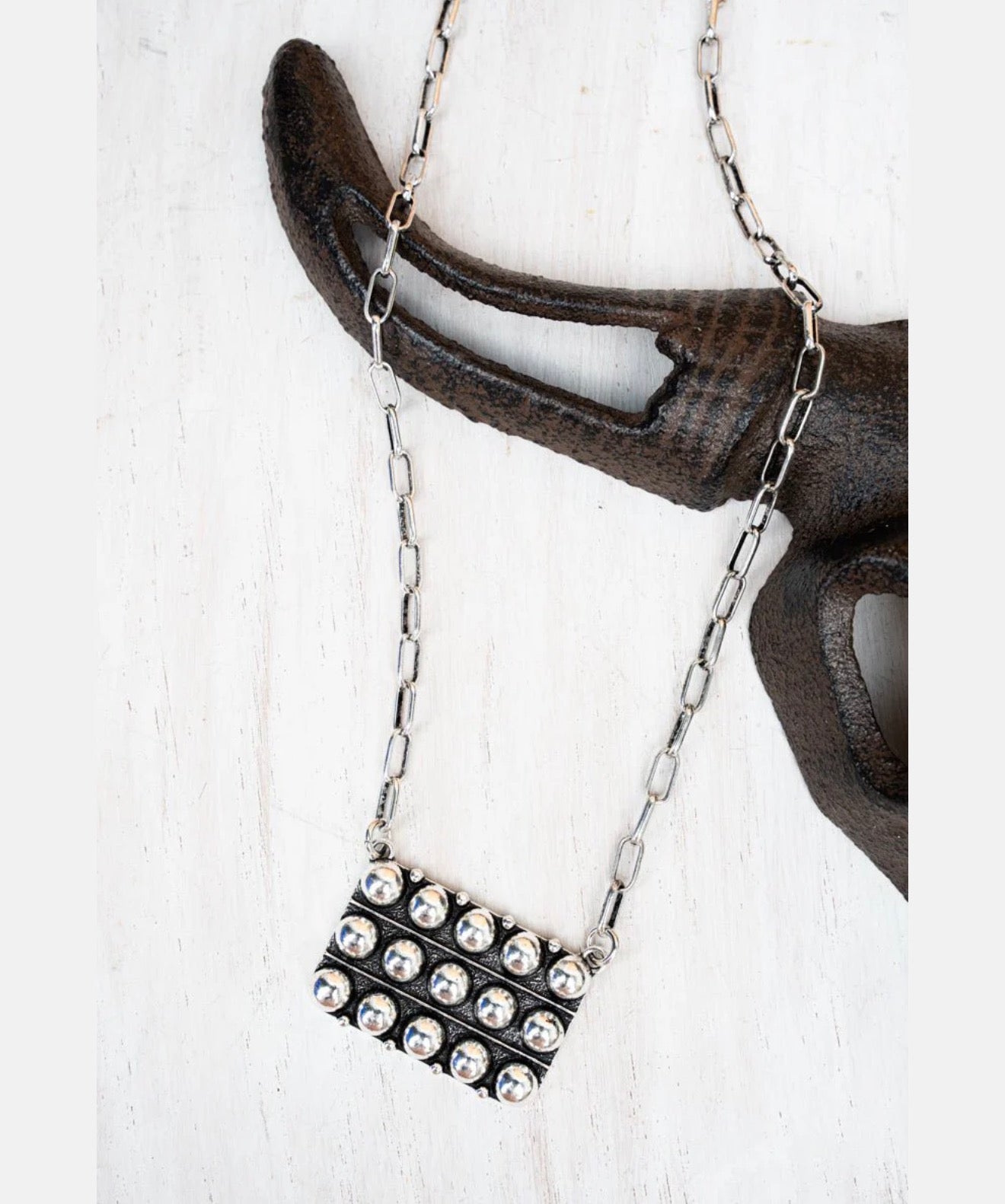 16″ Silver Paperclip Link Necklace with Rectangular Studded Pendant, Statement Style