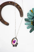 16″ Silver Paperclip Chain Necklace with Aurora Borealis Oval Crystal Pendant & Floral Western Design