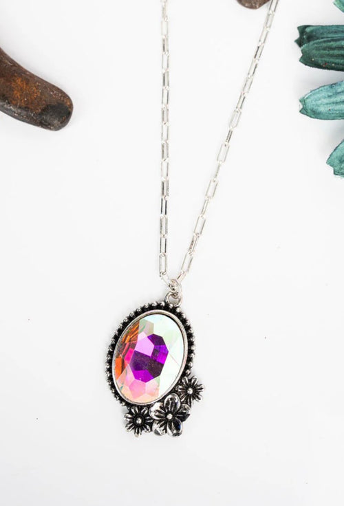 16″ Silver Paperclip Chain Necklace with Aurora Borealis Oval Crystal Pendant & Floral Western Design