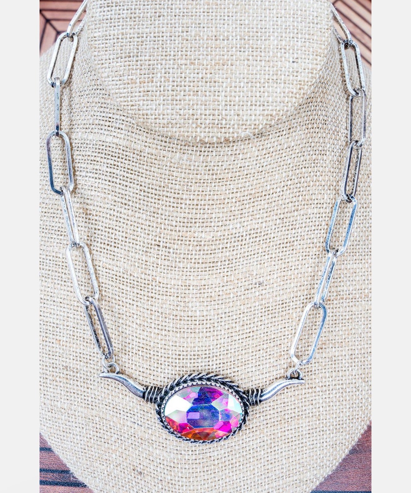 Iridescent Longhorn Steer Statement Necklace on Chunky Silver Chain — Rodeo Rockstar Vibes