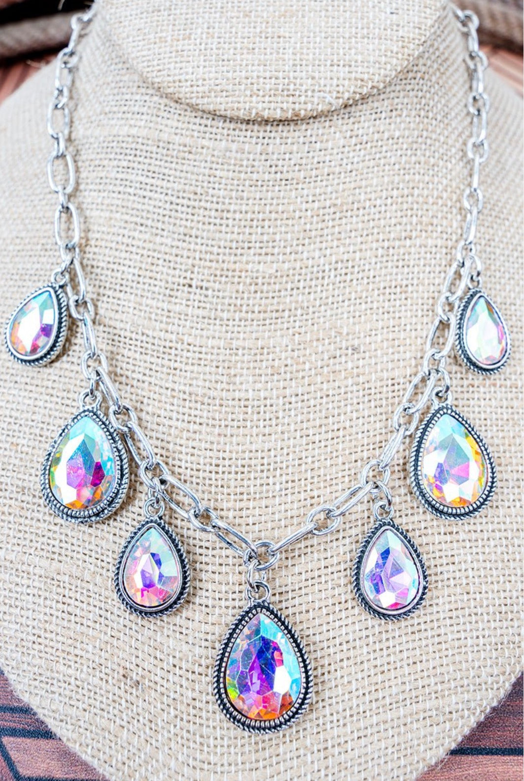 Silver Statement Necklace with Rainbow Aurora Borealis Teardrop Crystals