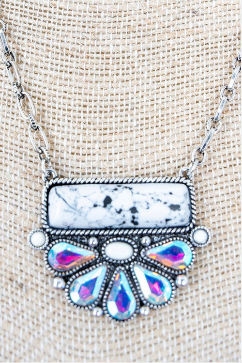 16″ Howlite Bar Necklace with AB Teardrop Fan Pendant | Silver Western Statement