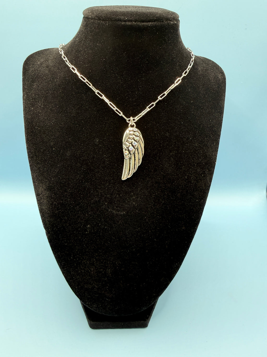 18″ Silver Paperclip Link Necklace with Rhinestone Angel Wing Pendant, Layering Piece