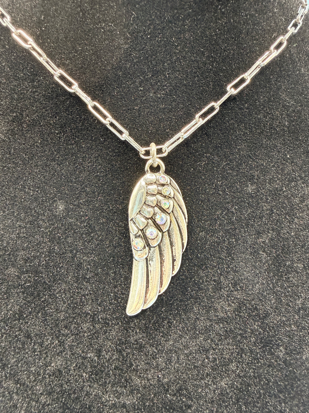 18″ Silver Paperclip Link Necklace with Rhinestone Angel Wing Pendant, Layering Piece